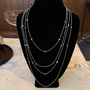 Elegant Silver Multi-Layer Necklace with Green and Purple Accents